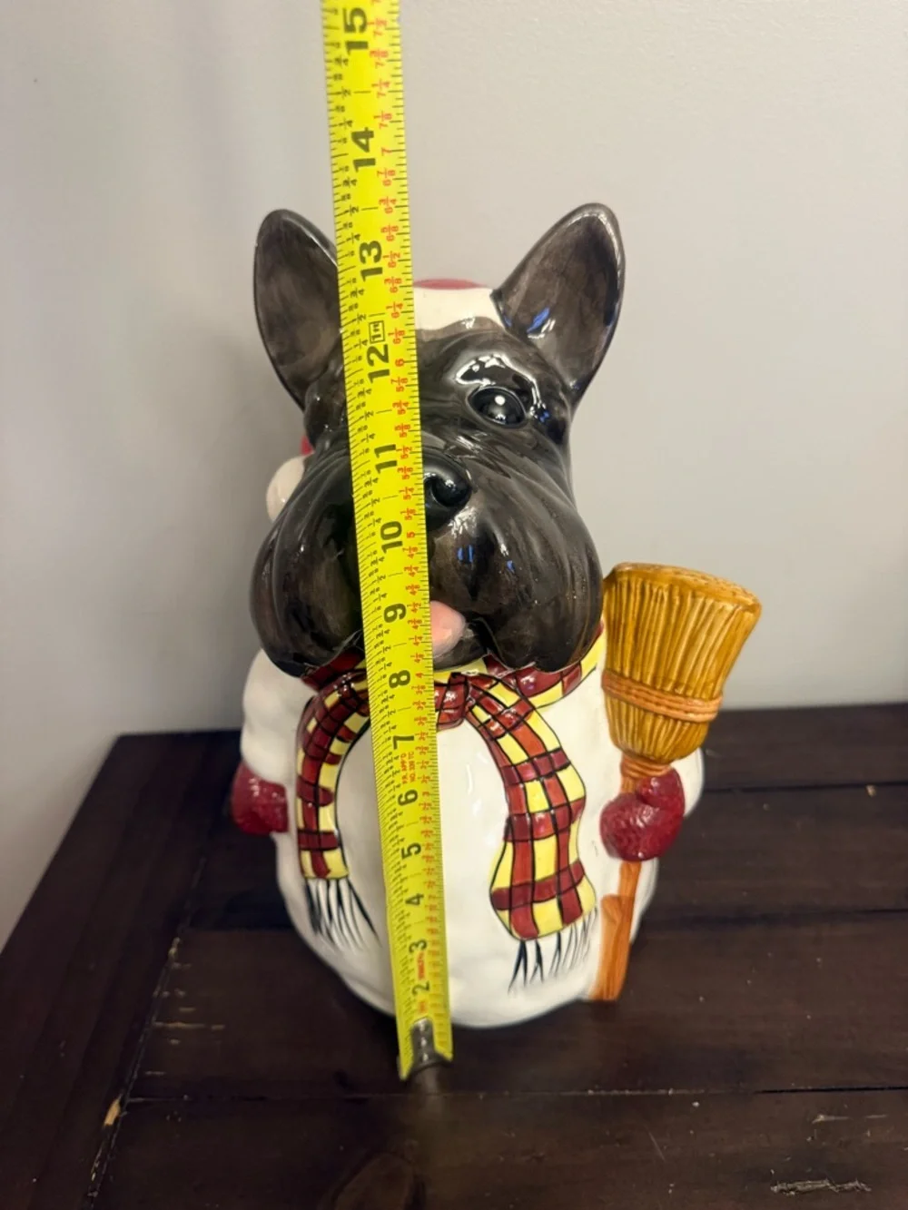 Hand-Painted Black and White Scottie Dog Holiday Figurine with Red Accents